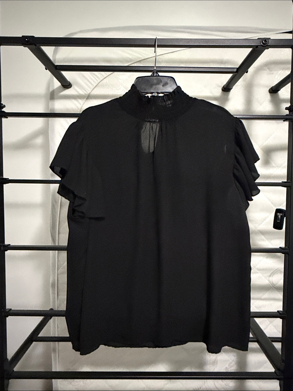 Black Ruffle Sleeve Mock Neck Blouse